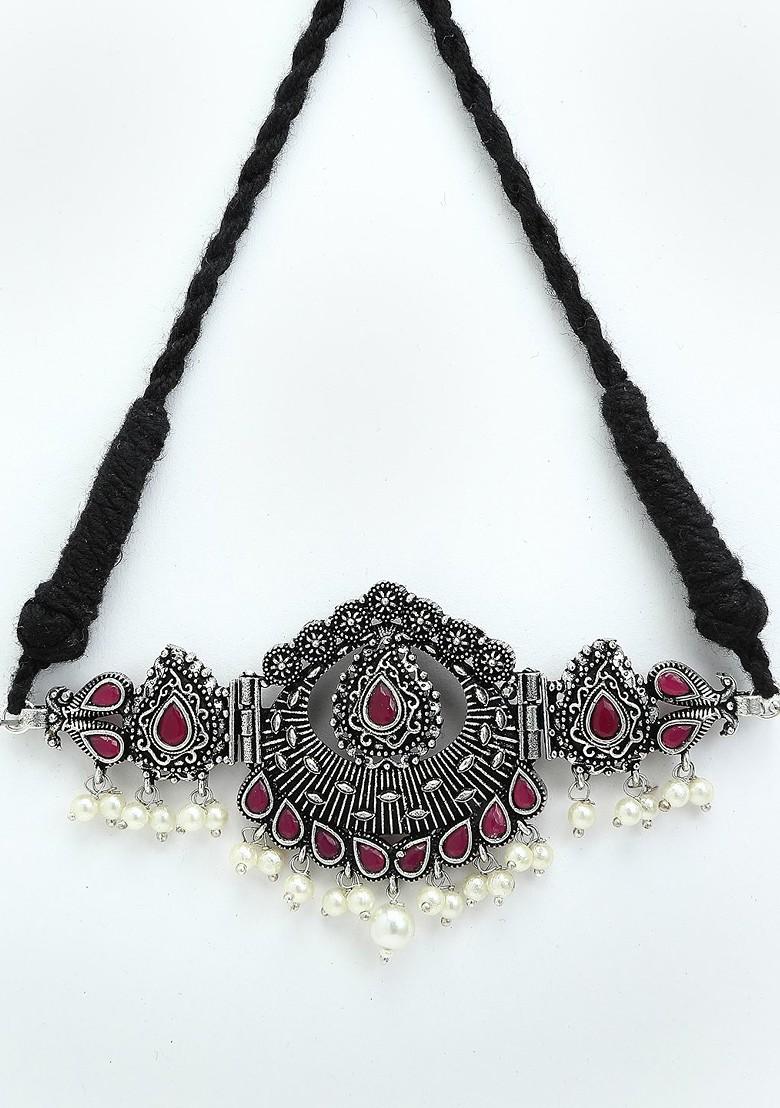 Oxidized Silver Toned Pink Stone Studded Pearl Choker Necklace - Indya