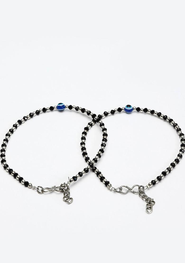Set Of 2 Silver Plated Black And Blue Beaded Evil Eye Handcrafted Anklets