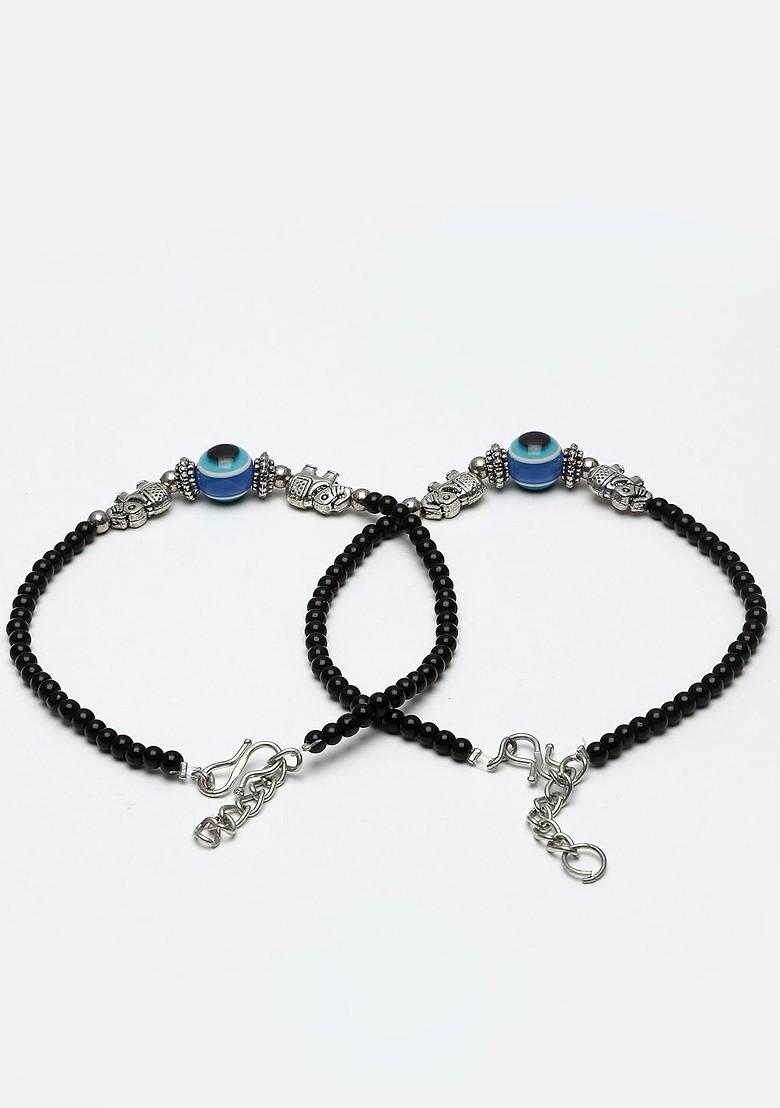 Set Of 2 Silver Plated Elephant Shaped Black And Blue Beaded Evil Eye Anklets