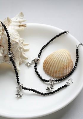 Set Of 2 Oxidized Silver Plated Black Beaded Star Shaped Handcrafted Anklets