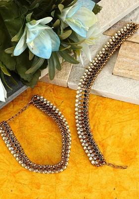 Gold Plated Black And White Stone Studded Anklet