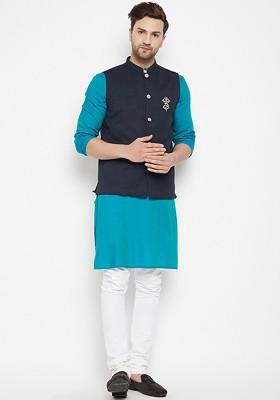 Men Navy Blue Solid Woven Nehru Jacket