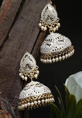White Gold Plated Enamelled Dome Shaped Jhumkas Earrings