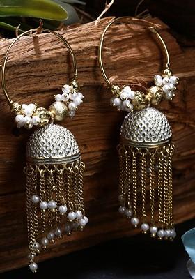 Gold Plated And Silver Toned Dome Shaped Jhumkas Earrings