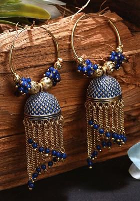 Blue And Gold Toned Enamelled  Dome Shaped Jhumkas Earrings