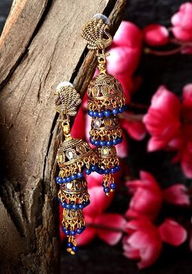 Blue Gold Plated Enamelled Peacock Shaped Jhumkas Earrings