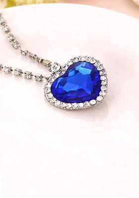 Rhodium Plated Blue And White Crystal Studded Heart Shaped Pendant With Chain