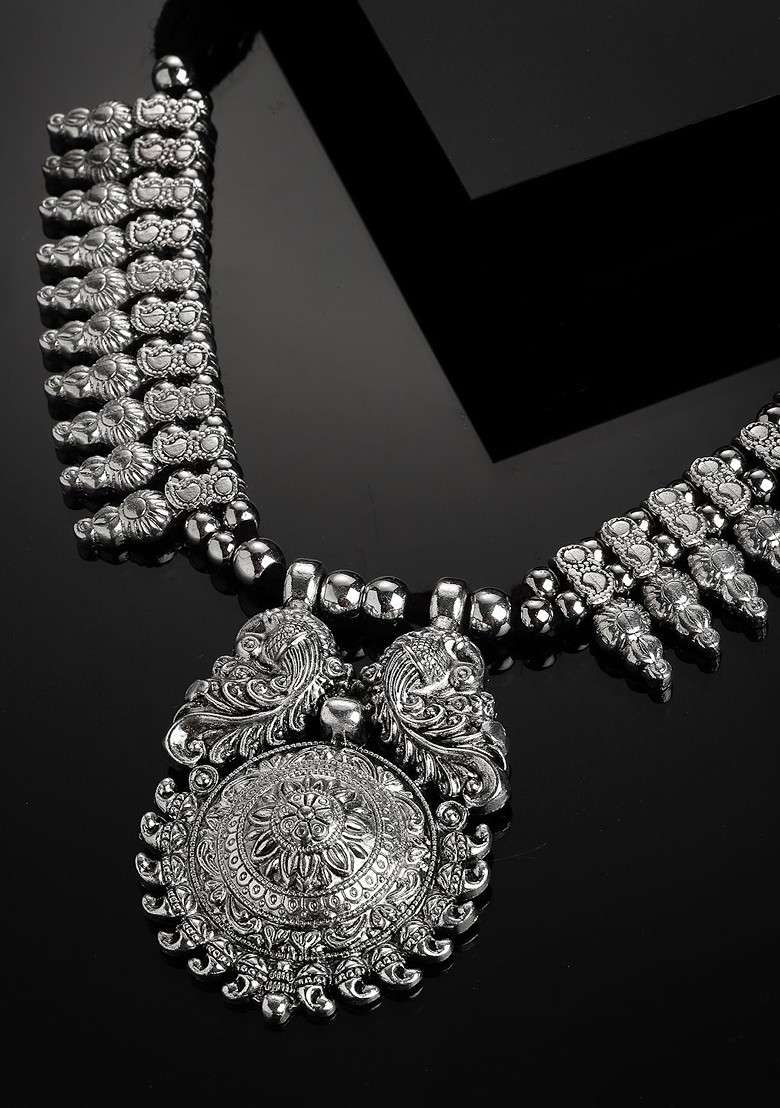Silver Plated German Silver Oxidised Necklace - Indya