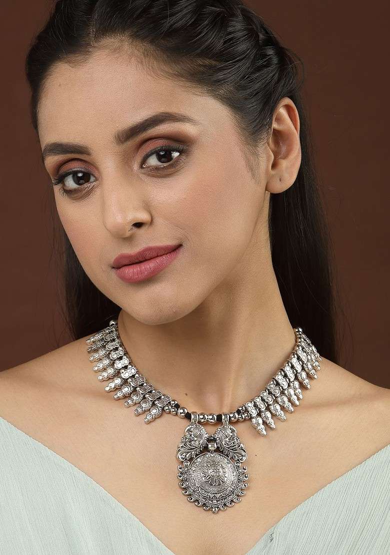 Silver Plated German Silver Oxidised Necklace - Indya