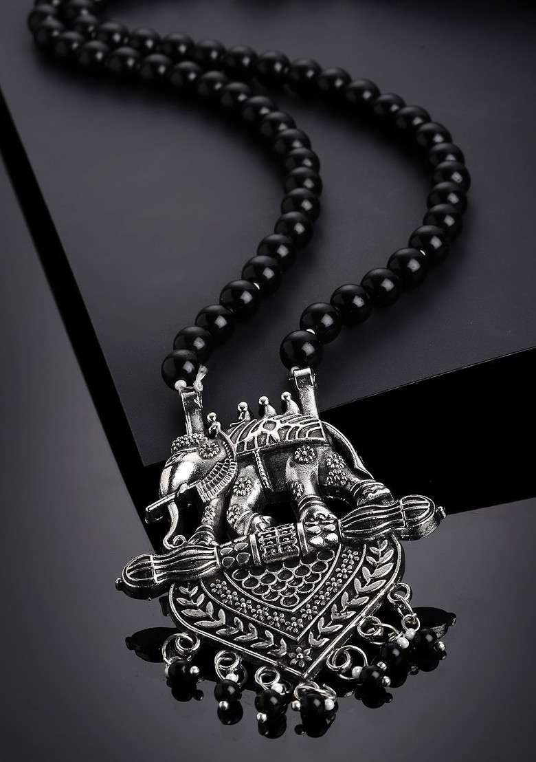 Silver Toned German Silver Oxidized Pearl Elephant Shaped Necklace - Indya