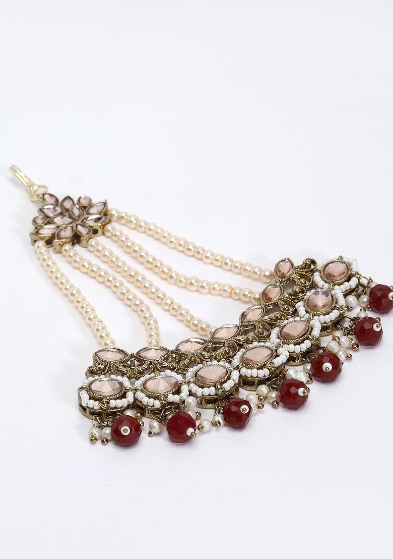 Gold Plated White And Pink Kundan Studded And Pearl Beaded Jhumar Passa