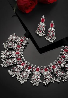 Oxidised Silver Plated Red And White American Diamond Studded Jewellery Set
