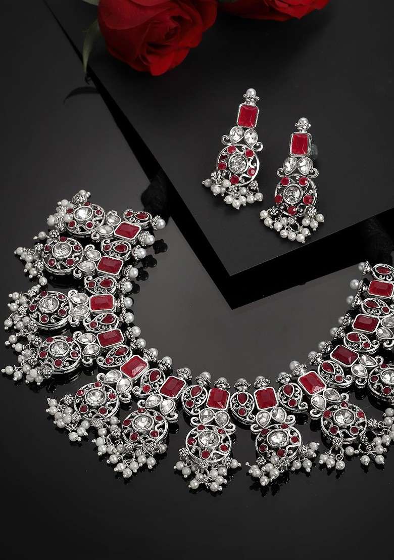 Oxidised Silver Plated Red And White American Diamond Studded Jewellery Set - Indya