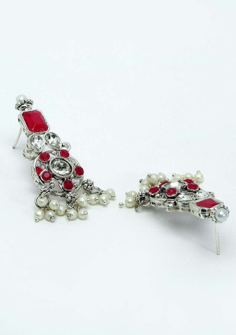 Oxidised Silver Plated Red And White American Diamond Studded Jewellery Set - Indya