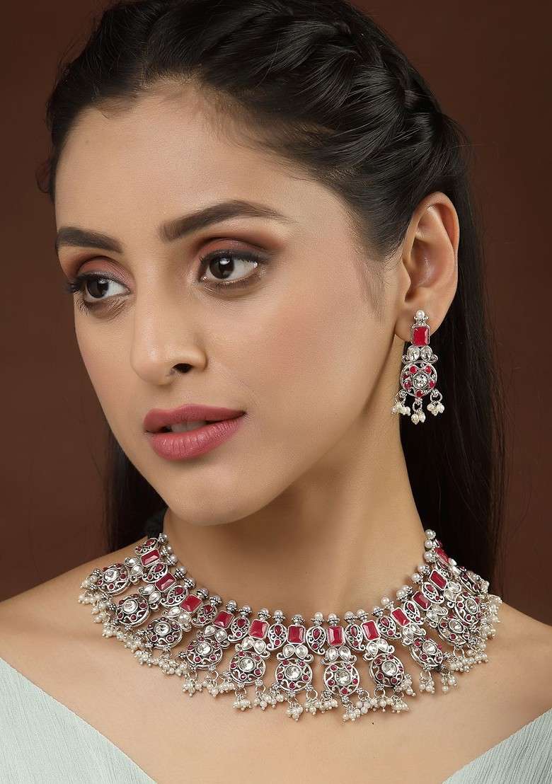 Oxidised Silver Plated Red And White American Diamond Studded Jewellery Set - Indya