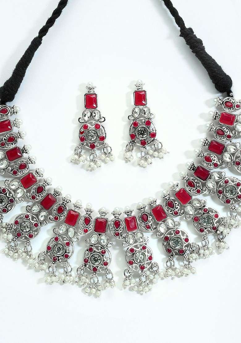 Oxidised Silver Plated Red And White American Diamond Studded Jewellery Set - Indya