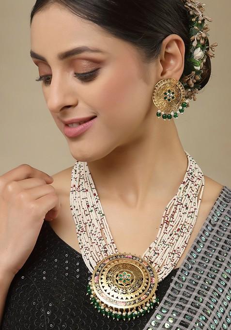 Gold Plated Green Pearl Studded Jewellery Set