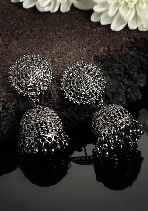 Silver Toned Dome Shaped Oxidized Jhumka Earrings