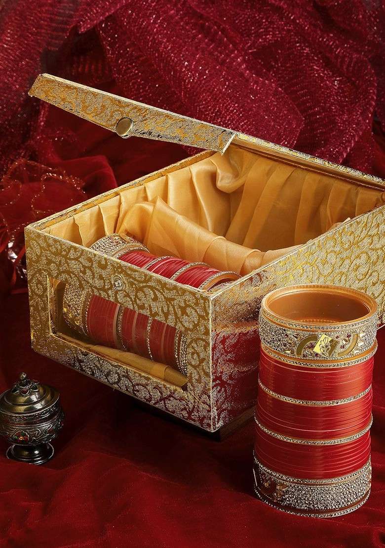 Gold Plated Red And White CZ Studded Chuda Set Of 66 - Indya