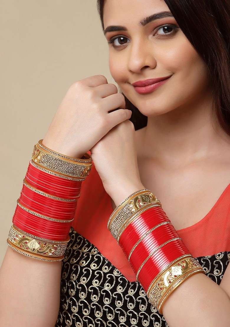 Gold Plated Red And White CZ Studded Chuda Set Of 66 - Indya