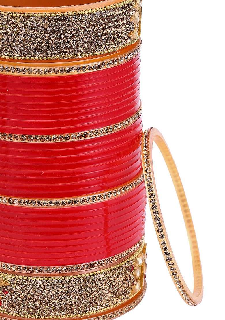 Gold Plated Red And White CZ Studded Chuda Set Of 66 - Indya