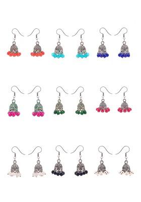 Set Of 9 Silver Toned Dome Shaped Jhumkas Earrings