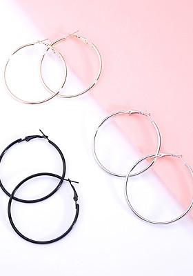 Set Of 3 Gold Toned And Black Circular Hoop Earrings