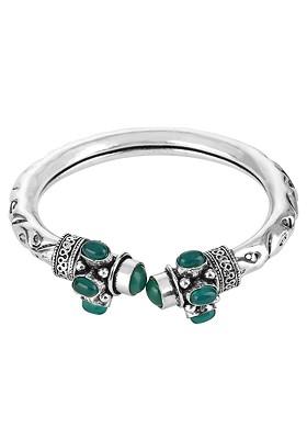 Women Silver Plated And Green Brass Oxidised Kada Bracelet