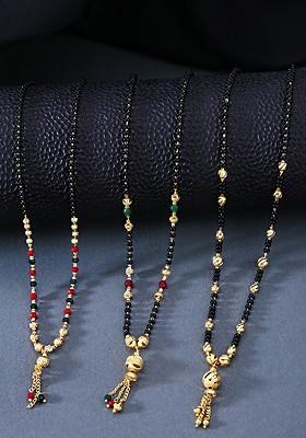 Set Of 3 Gold Plated Black Stone Studded And Beaded Mangalsutra Set