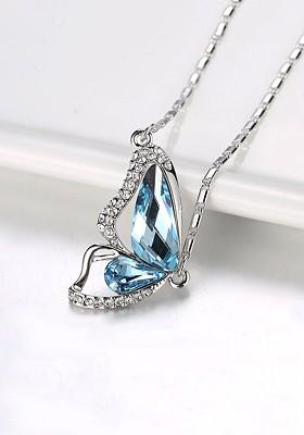 Silver Toned Blue Stone Studded Butterfly Pendant With Chain
