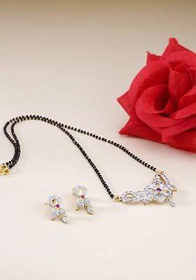 Gold Plated Black And White Stone Studded And Beaded Mangalsutra Set