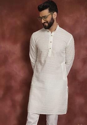 Cream Coloured Floral Embroidered Thread Work Cotton Kurta