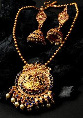  Gold Plated And Blue Stone Studded Goddess Laxmi Temple Jewellery Set