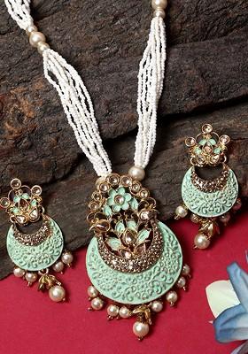  Gold Plated Green Stone Studded and Pearl Temple Jewellery Set