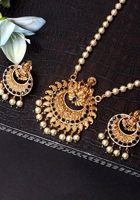 Gold Plated Blue And Off White Stone Studded And Beaded Temple Jewellery Set
