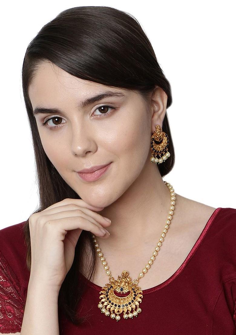 Gold Plated Blue And Off White Stone Studded And Beaded Temple Jewellery Set