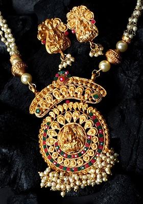 Gold Plated And White Stone Studded And Beaded Matte Finish Temple Jewellery Set