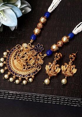 Women Gold Plated Stone Studded Maa Laxmi Temple Jewellery Set