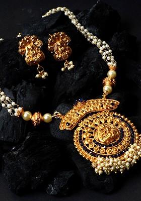 Gold Plated And Blue Stone Studded and Pearl Temple Jewellery Set