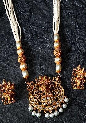 Gold Plated White Stone Studded And Pearl Temple Jewellery Set