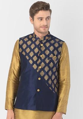 Men Navy Blue And Gold Printed Woven Nehru Jackets