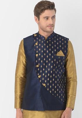 Men Navy Blue Printed Dupion Silk Nehru Jacket