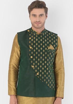 Men Green And Gold Coloured Woven Design Woven Silk Blend Nehru Jacket