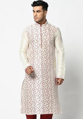 Men Off White Embroidered Dupion Silk Kurta With Pyjamas