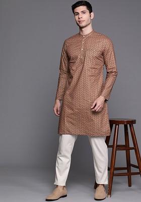 Men Olive Green And Maroon Chevron Printed Kurta