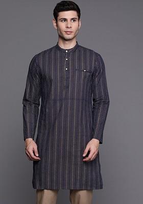 Men Navy Blue Geometric Printed Pure Cotton Kurta