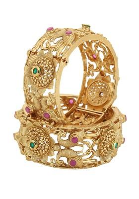 Set Of 2 Gold Plated Green And Red Stone Studded Bangles