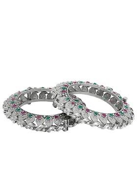 Set Of 2 24 CT Silver Plated Pink And Green Stone Studded Bangles