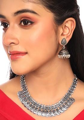Traditional Silver Oxidised Afghani Style Coin Choker Necklace Set