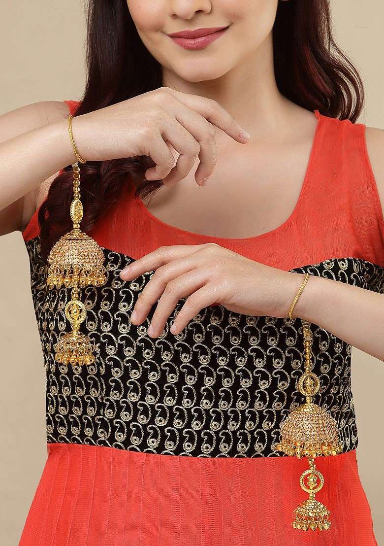 Set of 2 Gold Plated White Beaded Bridal Kaleeras - Indya